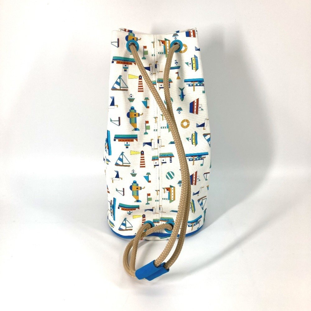 HERMES Marine Print Petit Chartier Drawstring Bag, Cotton Shoulder Kids, White - Picture 2 of 10